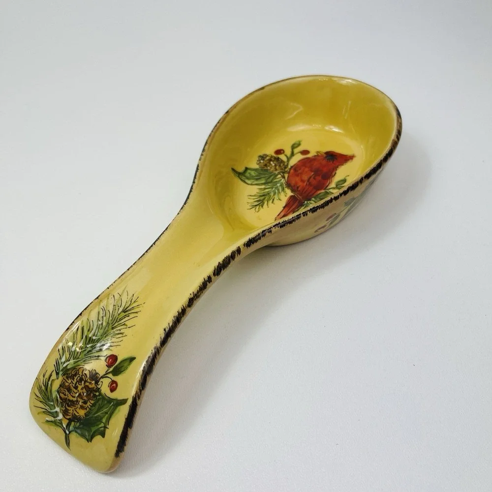 Hand painted Maxcera Cardinal Holiday Pine Holly Utensil Spoon Rest  10